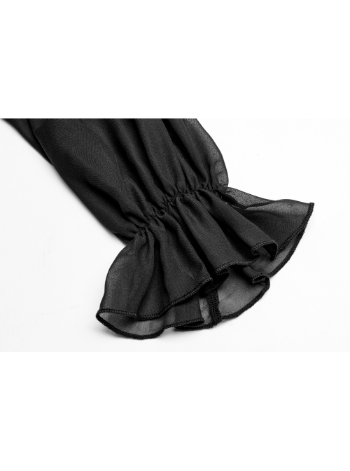 Gothic Female Black High Waist V-neck Long Chiffon Dress