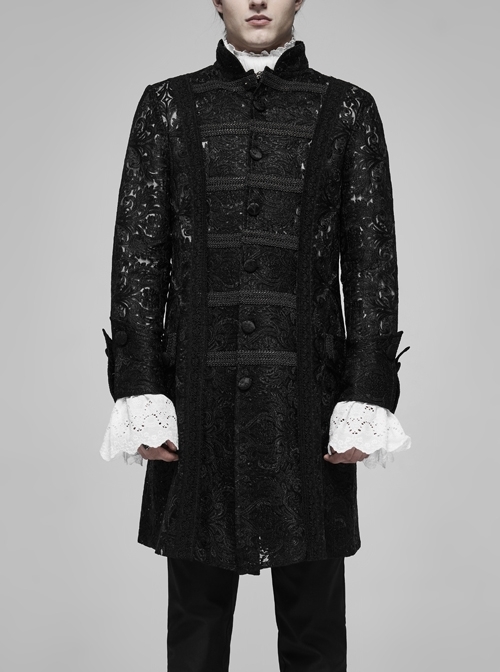 Stand-Up Collar Front Retro Pattern Ribbon Long Sleeve Black Gothic Lace Mesh Jacquard Coat