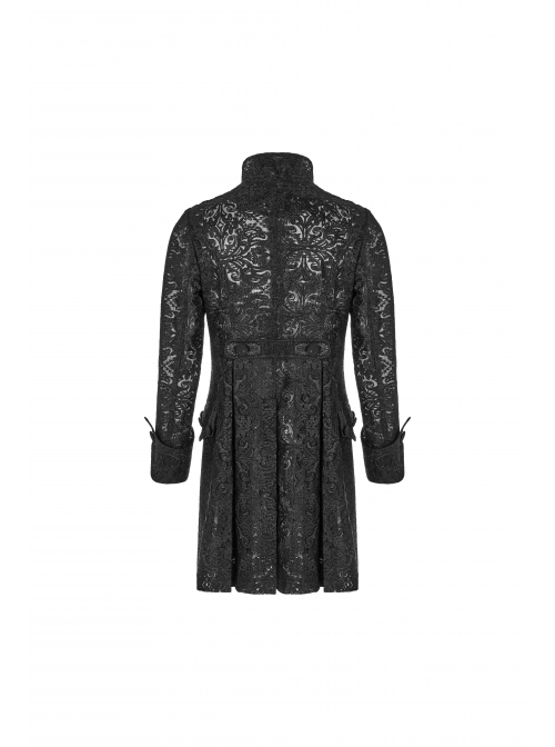 Stand-Up Collar Front Retro Pattern Ribbon Long Sleeve Black Gothic Lace Mesh Jacquard Coat