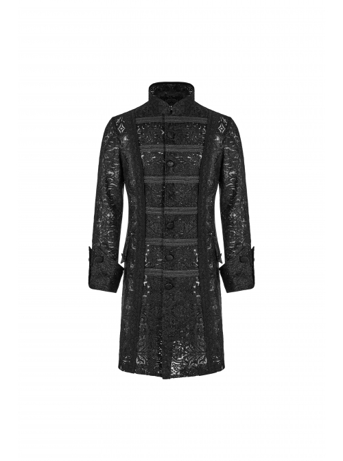 Stand-Up Collar Front Retro Pattern Ribbon Long Sleeve Black Gothic Lace Mesh Jacquard Coat