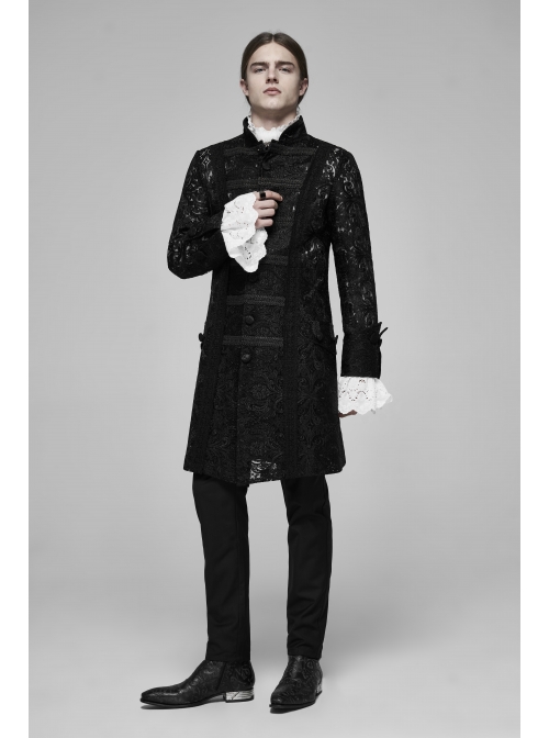 Stand-Up Collar Front Retro Pattern Ribbon Long Sleeve Black Gothic Lace Mesh Jacquard Coat