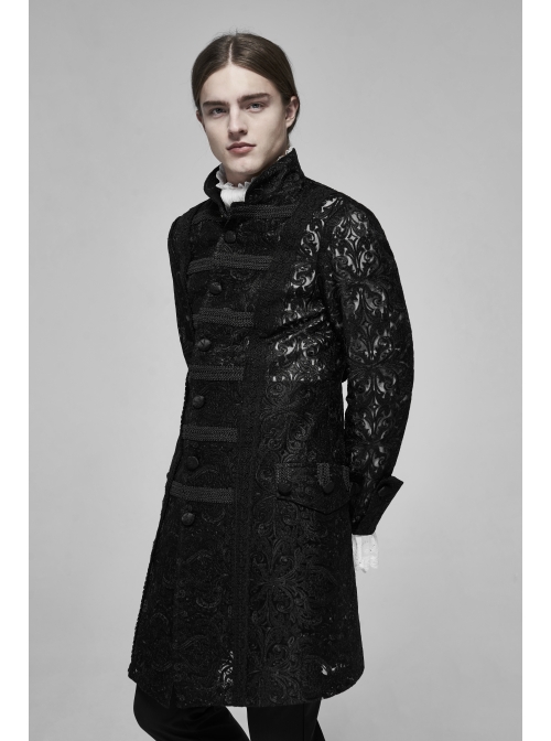 Stand-Up Collar Front Retro Pattern Ribbon Long Sleeve Black Gothic Lace Mesh Jacquard Coat