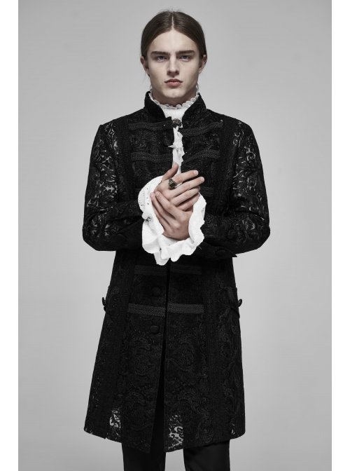 Stand-Up Collar Front Retro Pattern Ribbon Long Sleeve Black Gothic Lace Mesh Jacquard Coat