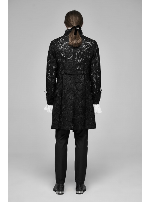 Stand-Up Collar Front Retro Pattern Ribbon Long Sleeve Black Gothic Lace Mesh Jacquard Coat