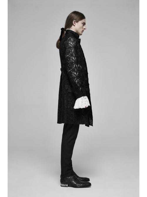 Stand-Up Collar Front Retro Pattern Ribbon Long Sleeve Black Gothic Lace Mesh Jacquard Coat
