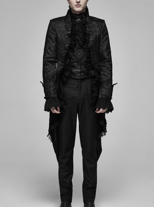 Stand-Up Collar Front Frill Lace Long Sleeve Dovetail Hem Black Gothic Coat