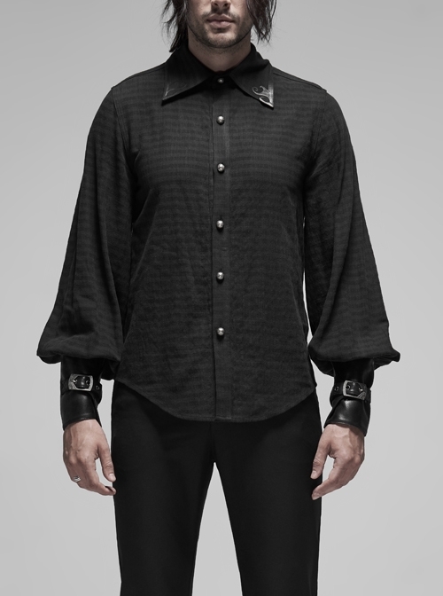 Decal Collar Long Sleeve Splice Leather Cuff Black Punk Striped Shirt