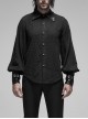 Decal Collar Long Sleeve Splice Leather Cuff Black Punk Striped Shirt