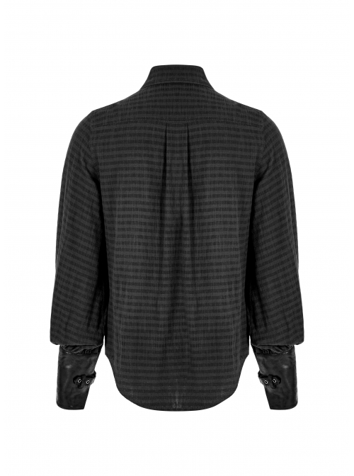 Decal Collar Long Sleeve Splice Leather Cuff Black Punk Striped Shirt