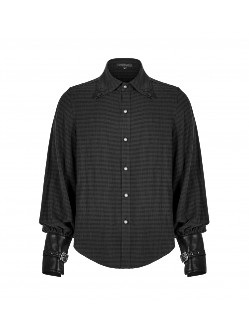 Decal Collar Long Sleeve Splice Leather Cuff Black Punk Striped Shirt