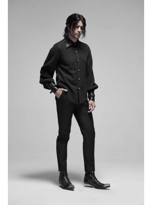Decal Collar Long Sleeve Splice Leather Cuff Black Punk Striped Shirt