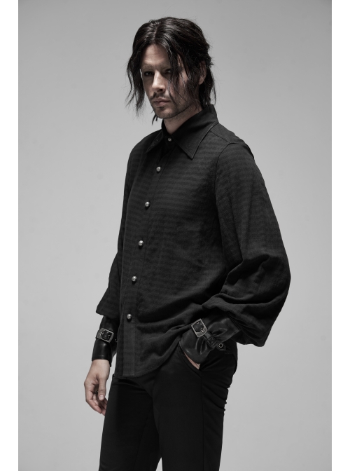 Decal Collar Long Sleeve Splice Leather Cuff Black Punk Striped Shirt