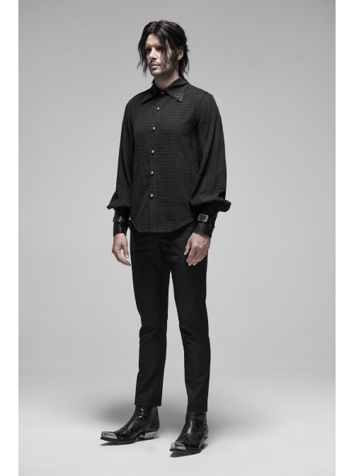 Decal Collar Long Sleeve Splice Leather Cuff Black Punk Striped Shirt