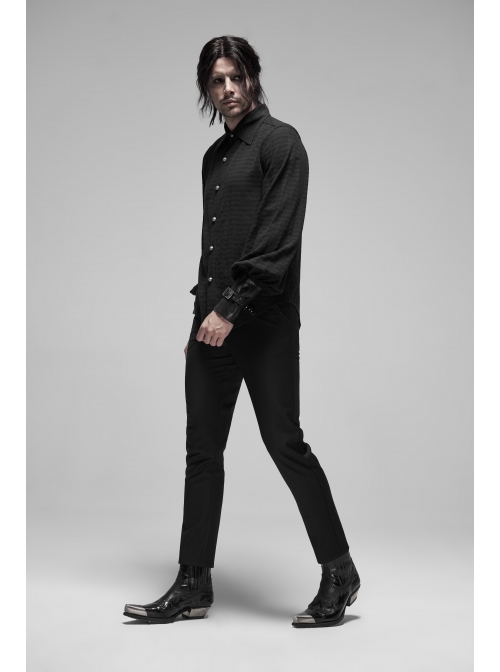 Decal Collar Long Sleeve Splice Leather Cuff Black Punk Striped Shirt