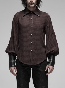Decal Collar Long Sleeve Splice Leather Cuff Brown Punk Striped Shirt