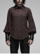Decal Collar Long Sleeve Splice Leather Cuff Brown Punk Striped Shirt
