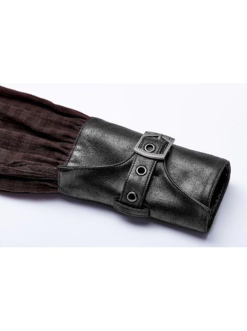 Decal Collar Long Sleeve Splice Leather Cuff Brown Punk Striped Shirt