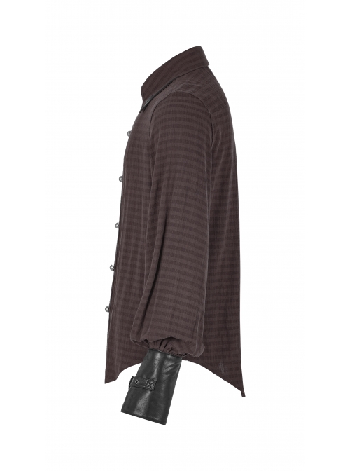 Decal Collar Long Sleeve Splice Leather Cuff Brown Punk Striped Shirt