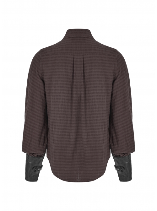 Decal Collar Long Sleeve Splice Leather Cuff Brown Punk Striped Shirt