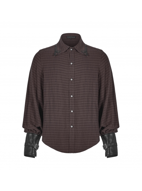 Decal Collar Long Sleeve Splice Leather Cuff Brown Punk Striped Shirt