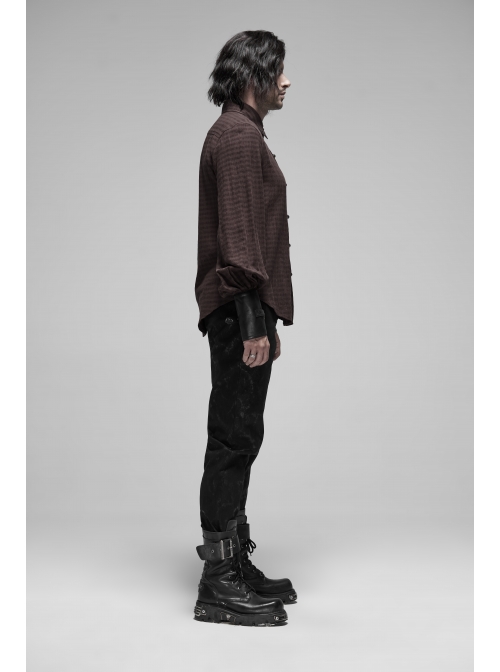 Decal Collar Long Sleeve Splice Leather Cuff Brown Punk Striped Shirt