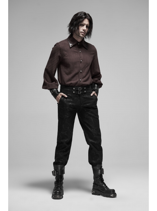 Decal Collar Long Sleeve Splice Leather Cuff Brown Punk Striped Shirt