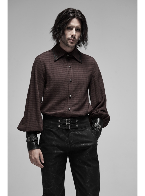 Decal Collar Long Sleeve Splice Leather Cuff Brown Punk Striped Shirt