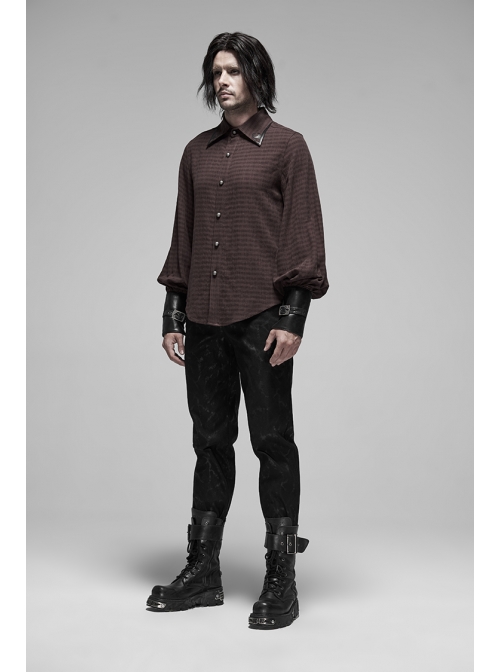 Decal Collar Long Sleeve Splice Leather Cuff Brown Punk Striped Shirt