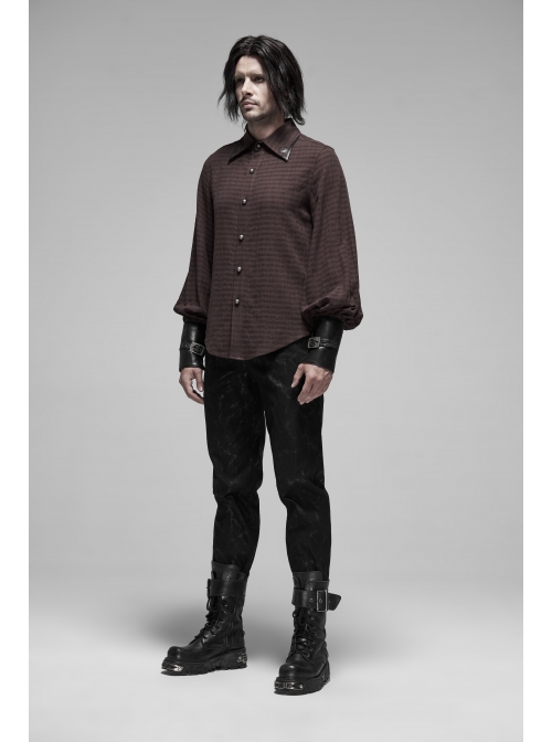 Decal Collar Long Sleeve Splice Leather Cuff Brown Punk Striped Shirt