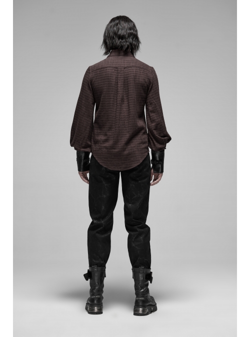 Decal Collar Long Sleeve Splice Leather Cuff Brown Punk Striped Shirt