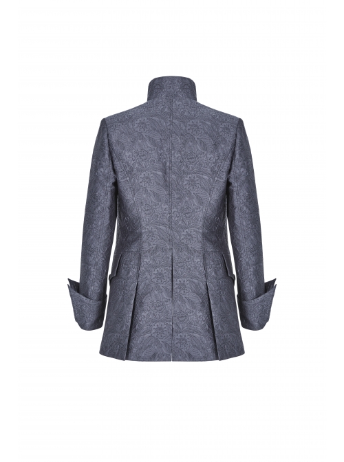 Stand-Up Collar Front Retro Button Slit Lace-Up Cuff Slit Hem Black Gothic Vintage Solid Jacquard Coat