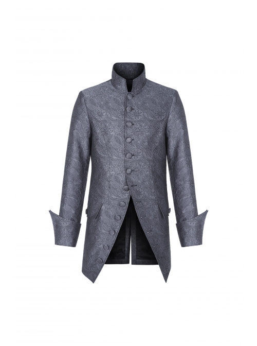 Stand-Up Collar Front Retro Button Slit Lace-Up Cuff Slit Hem Black Gothic Vintage Solid Jacquard Coat