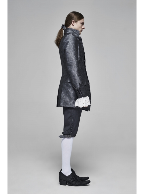 Stand-Up Collar Front Retro Button Slit Lace-Up Cuff Slit Hem Black Gothic Vintage Solid Jacquard Coat