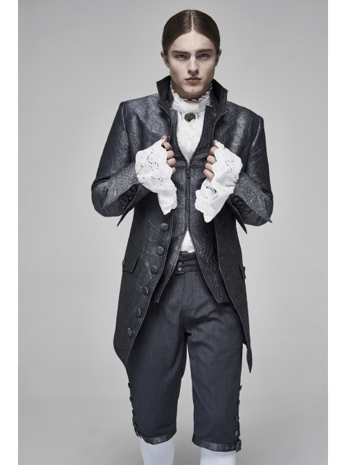 Stand-Up Collar Front Retro Button Slit Lace-Up Cuff Slit Hem Black Gothic Vintage Solid Jacquard Coat