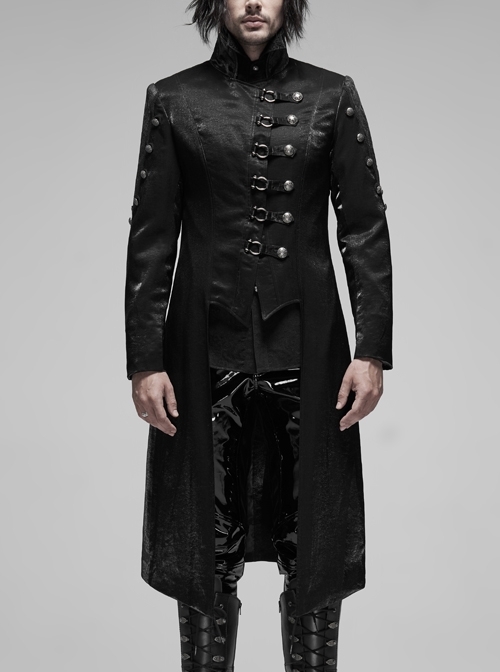 Stand-Up Collar Asymmetric Flaps Metal Retro Button Back Waist Lace-Up Black Gothic Coat