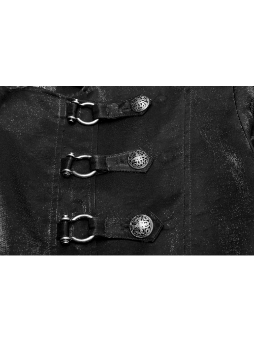 Stand-Up Collar Asymmetric Flaps Metal Retro Button Back Waist Lace-Up Black Gothic Coat