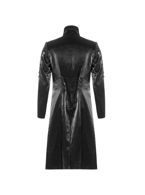 Stand-Up Collar Asymmetric Flaps Metal Retro Button Back Waist Lace-Up Black Gothic Coat