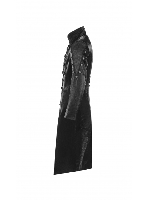 Stand-Up Collar Asymmetric Flaps Metal Retro Button Back Waist Lace-Up Black Gothic Coat