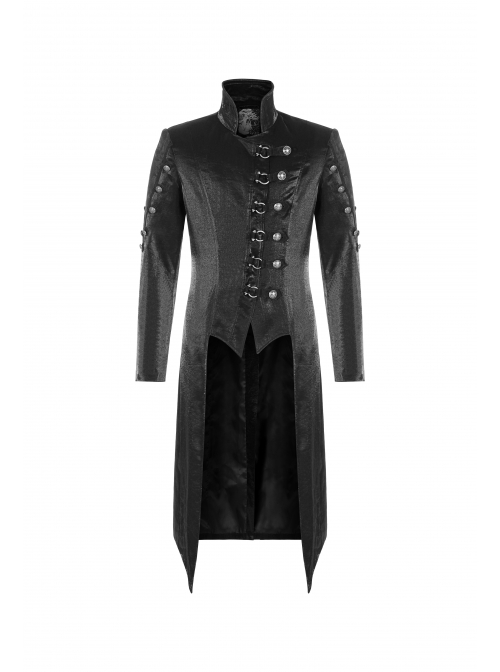 Stand-Up Collar Asymmetric Flaps Metal Retro Button Back Waist Lace-Up Black Gothic Coat