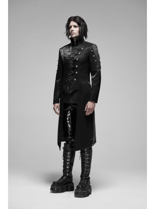 Stand-Up Collar Asymmetric Flaps Metal Retro Button Back Waist Lace-Up Black Gothic Coat
