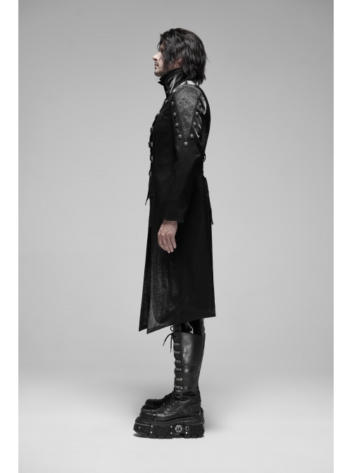 Stand-Up Collar Asymmetric Flaps Metal Retro Button Back Waist Lace-Up Black Gothic Coat