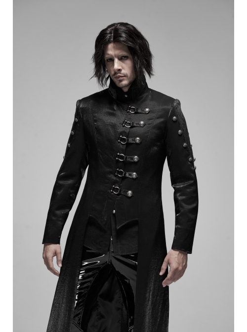 Stand-Up Collar Asymmetric Flaps Metal Retro Button Back Waist Lace-Up Black Gothic Coat