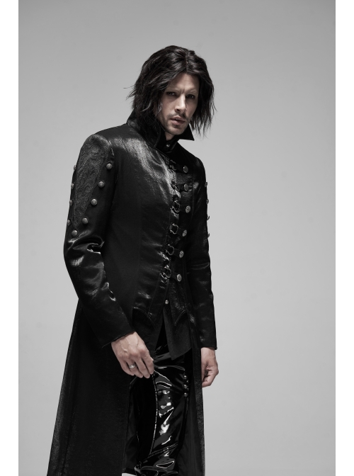 Stand-Up Collar Asymmetric Flaps Metal Retro Button Back Waist Lace-Up Black Gothic Coat