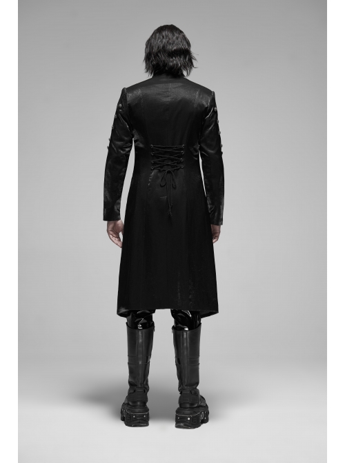 Stand-Up Collar Asymmetric Flaps Metal Retro Button Back Waist Lace-Up Black Gothic Coat