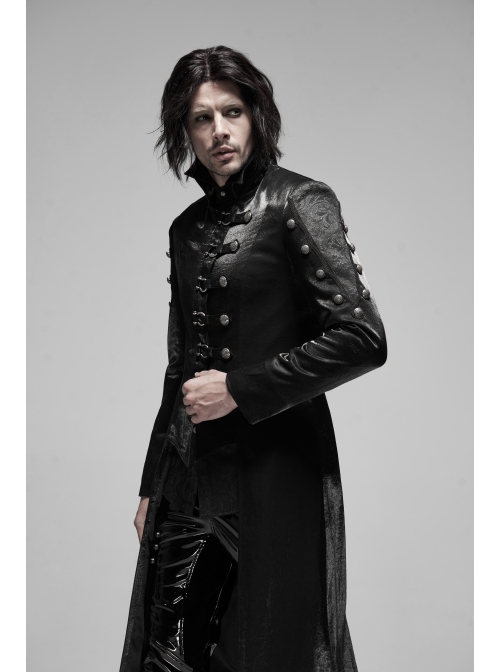 Stand-Up Collar Asymmetric Flaps Metal Retro Button Back Waist Lace-Up Black Gothic Coat