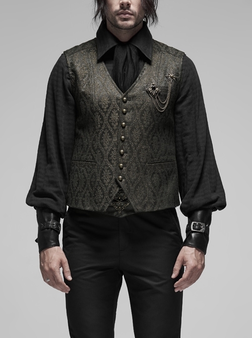 V-Neck Front Metal Retro Button Back Waist Metal Hasp Black Gothic Jacquard Vest