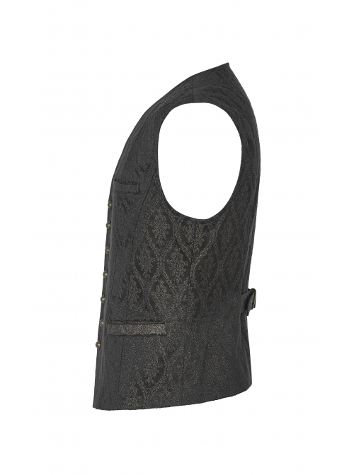 V-Neck Front Metal Retro Button Back Waist Metal Hasp Black Gothic Jacquard Vest