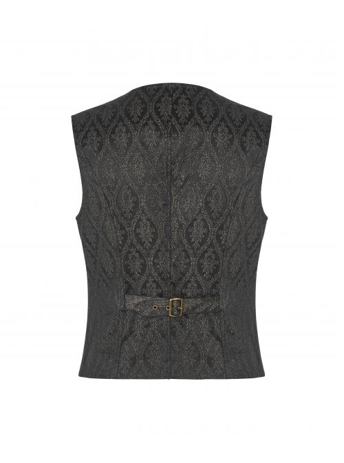 V-Neck Front Metal Retro Button Back Waist Metal Hasp Black Gothic Jacquard Vest