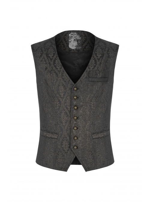 V-Neck Front Metal Retro Button Back Waist Metal Hasp Black Gothic Jacquard Vest