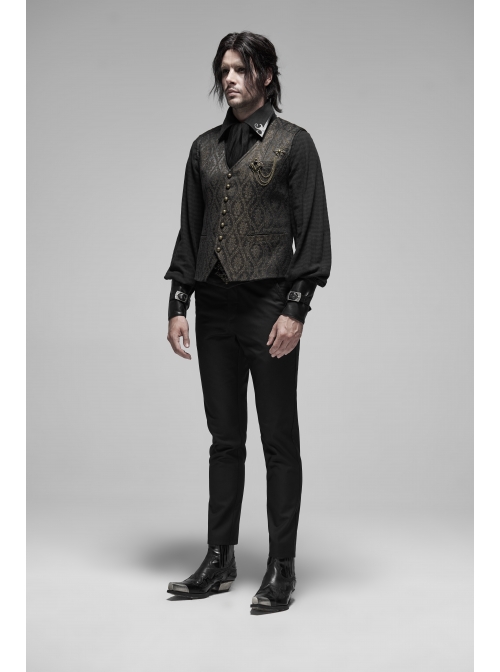 V-Neck Front Metal Retro Button Back Waist Metal Hasp Black Gothic Jacquard Vest
